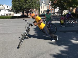 Gael Boucka of Allentown, PA, discovers the capabilities of his bike in Train Your Bike, CyclingSavvy's parking lot skills session.