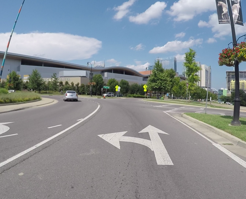 Riding a bike easily and safely on a multi-lane roundabout.