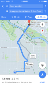 Google Maps recommends staying off Vista Avenue when biking from Boise Airport to Downtown Boise.
