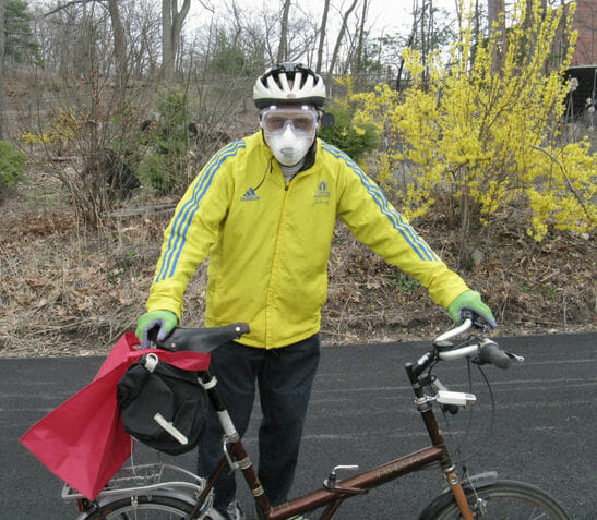 Should bicyclists wear face masks? The author in full kit for a shopping trip.