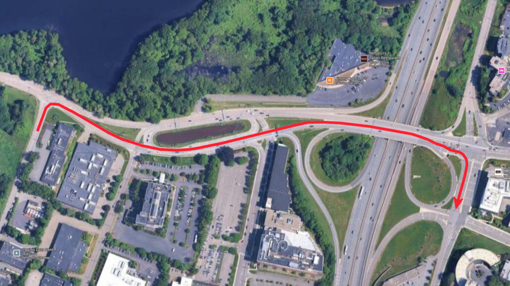 Route through the Winter Street Oval and across Route 95, a multi-lane challenge